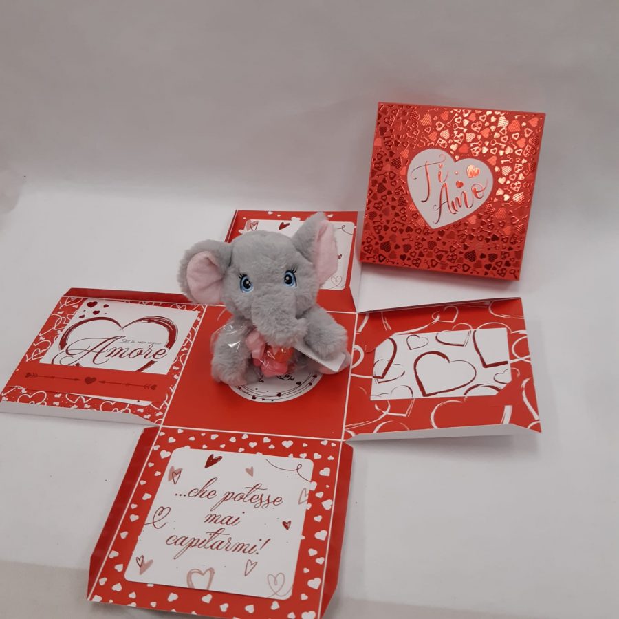 BOX SAN VALENTINO CON PELUCHE CON CARAMELLE + 3 PALLONCINI LATTICE